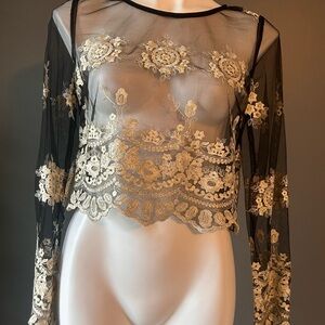 AKIRA Black and Gold Sheer Lace Top